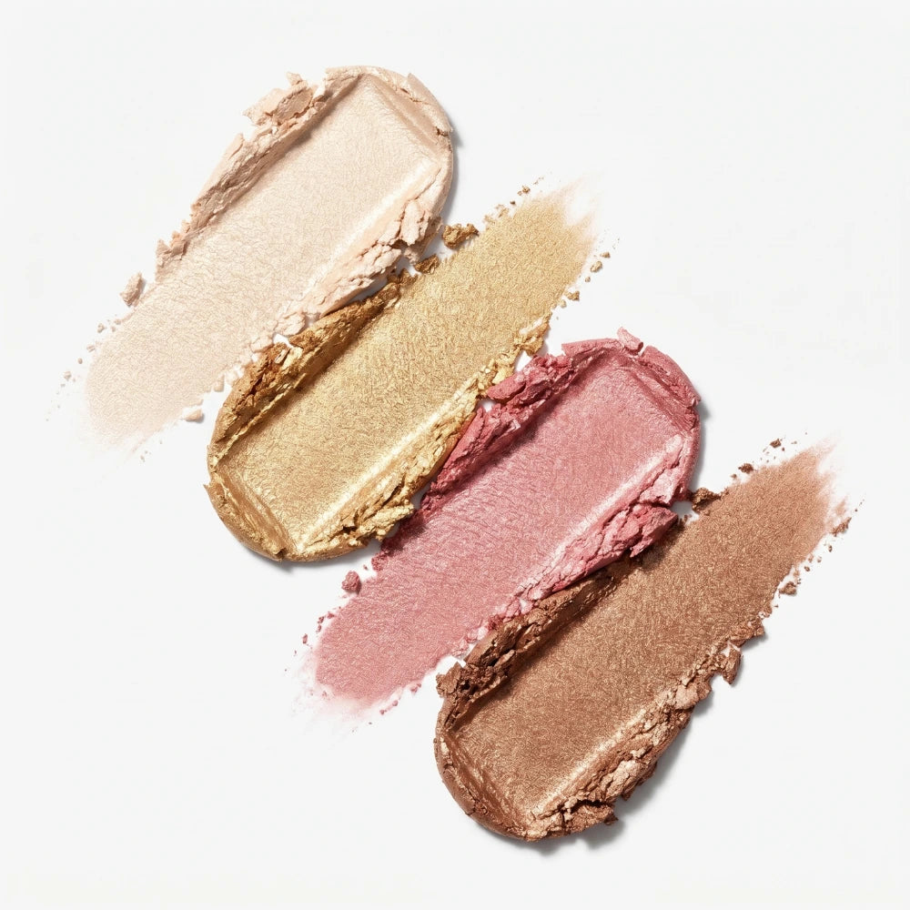 Four swatches of different makeup colors on a white background