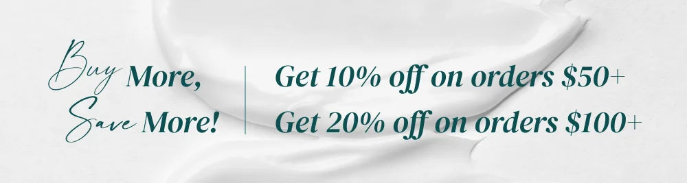 Promotional banner with the text 'Buy More, Save More!' and discount offers 'Get 10% off on orders $50+' and 'Get 20% off on orders $100+' in dark teal lettering over a soft white draped fabric background.