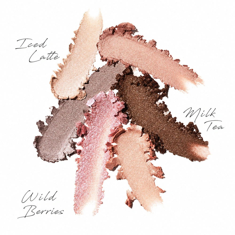 Three textured eyeshadow swatches labeled 'Iced Latte,' 'Milk Tea,' and 'Wild Berries' arranged on a white background, showing shimmering shades of beige, taupe, rose gold, and brown.